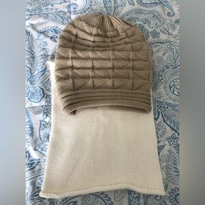 Tan Knit Toboggan/Long Beanie & Cream Infinity Scarf